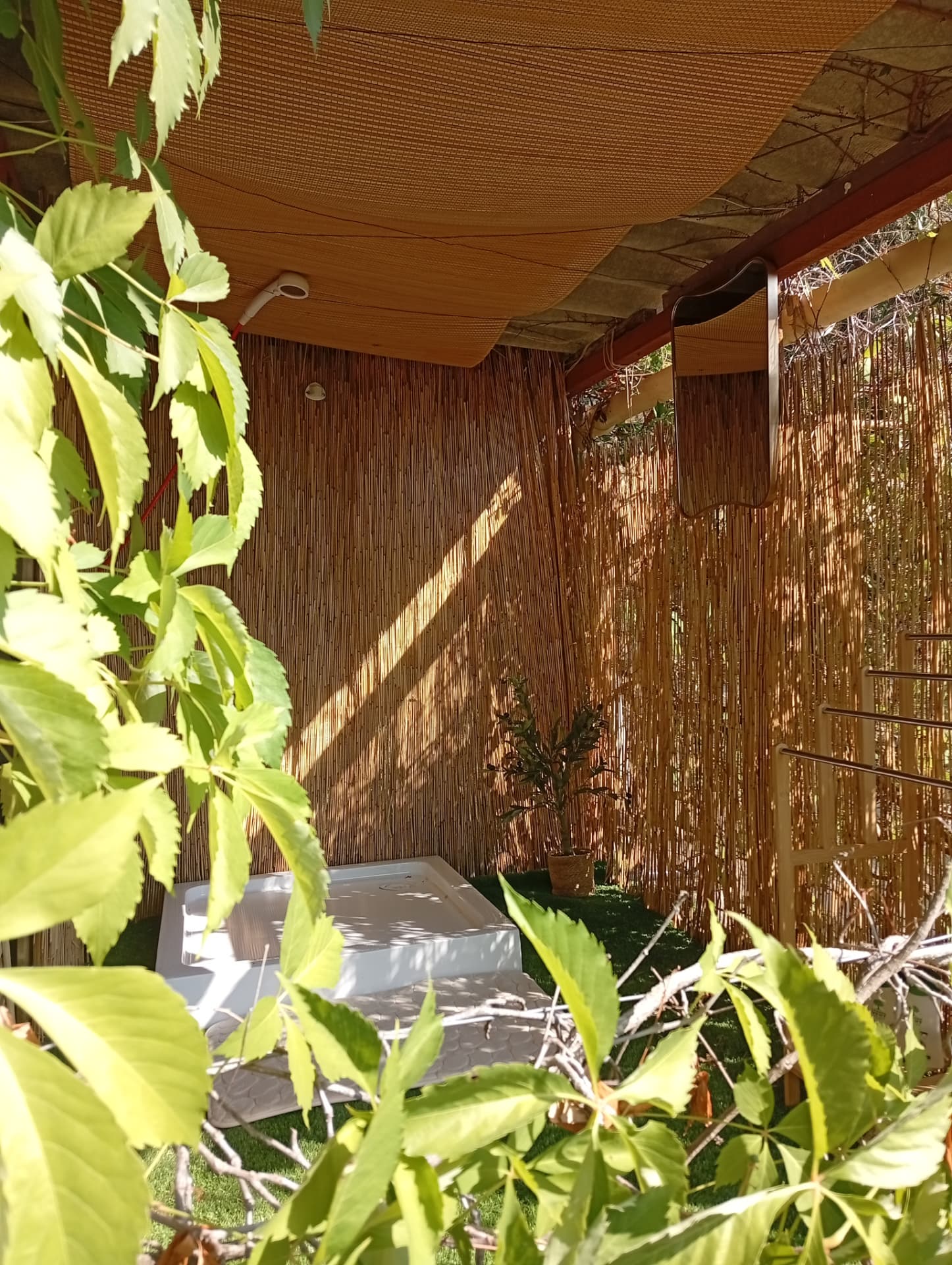 Douche extérieure entourée de vigne vierge et de verdure